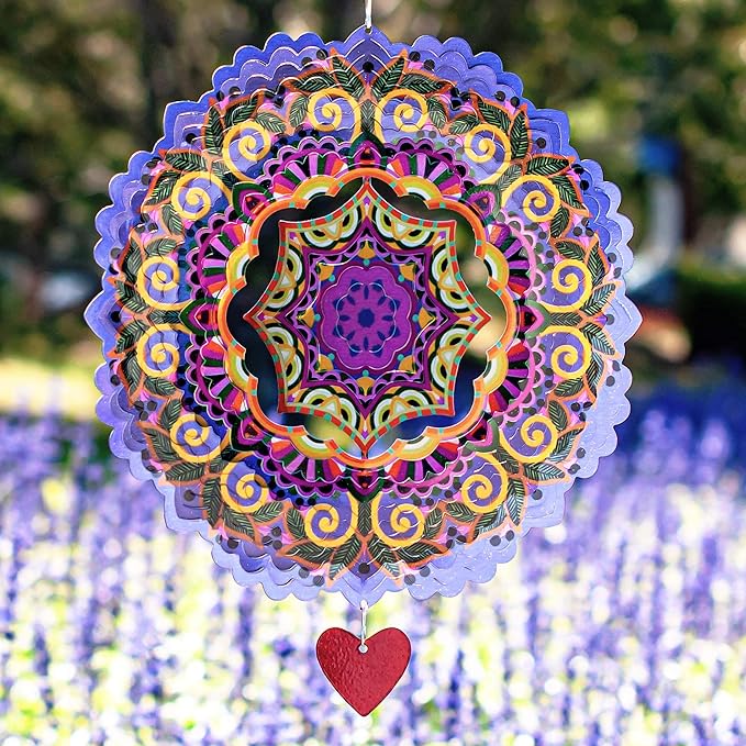 SteadyDoggie 12-Inch 3D Wind Spinners Outdoor - Mandala Purplerain Windmill Yard Decorations - Stainless Steel Laser Cut Ornament - Kinetic Garden Decor for Outside