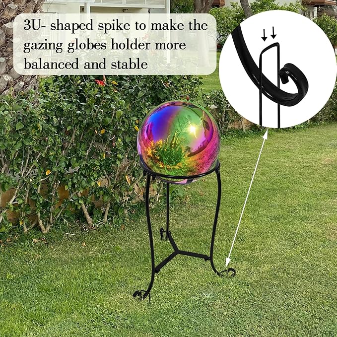 16" Tall Gazing Ball Stand for 10-12 inch Balls, Black Metal Gazing Globe Display Holder Stands for Outdoor Garden Clearance, 9" L x 9" W x 16" H
