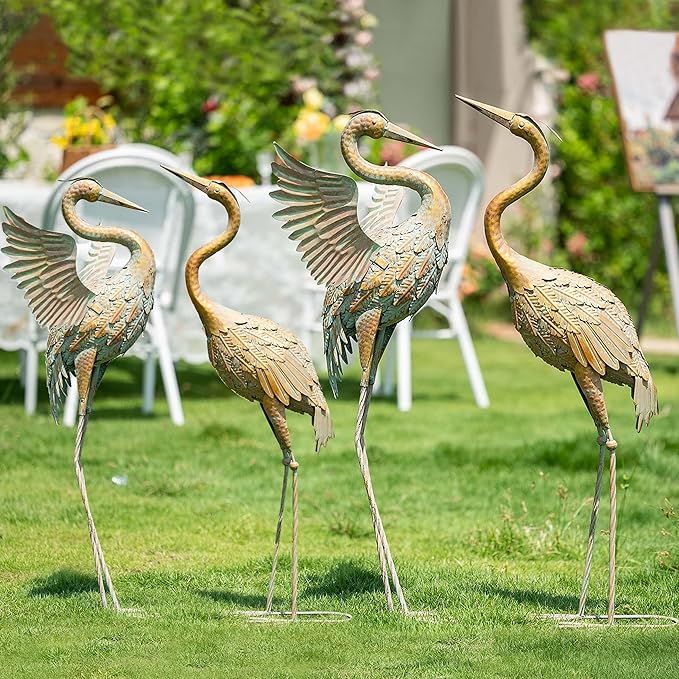 TERESA'S COLLECTIONS Yard Decorations Outdoor Garden Statues, Gold Metal Crane Yard Art, 33-39inch Lawn Ornaments for Backyard, Outside Porch, Patio, Wedding Decor, Set of 2, Christmas Decor