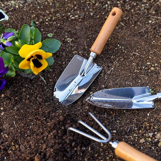 Garden Helper Garden Trowel with Measurements for Planting (Wide), Garden Hand Shovel Japanese Stainless Steel, Wooden Handle, Made in Japan