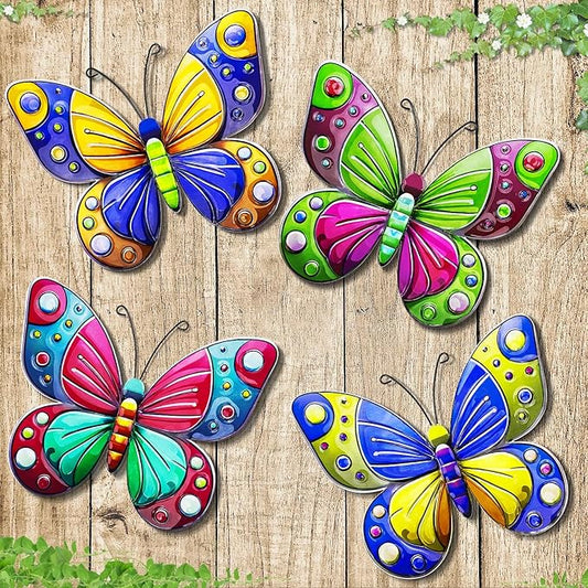 ULENDIS 4 Pack Metal Butterfly Wall Art Decor, 3D Colorful Outdoor Wall Art Fence Decorations for Patio and Yard, Hanging Decor for Garden Living Room Balcony, Gift for Family Friends(C)