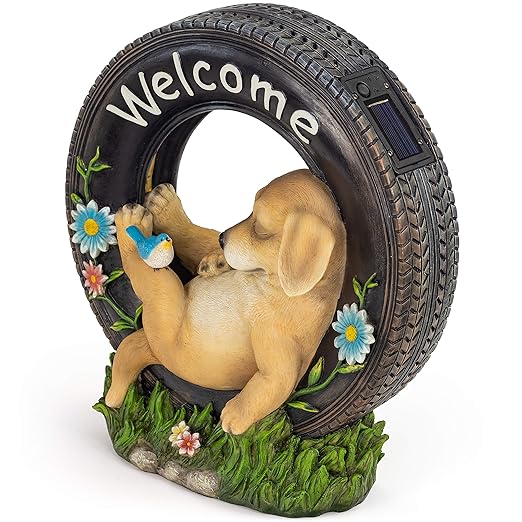 VP Home Chillaxing Welcome Puppy Dog Solar Powered LED Outdoor Decor Garden Light Outdoor Decor Garden Light Welcome Chillax Puppy Statues Outdoor Funny Figurine Decor for Outside Patio, Yard, Lawn