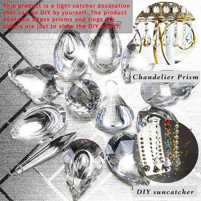 H&D Pack of 12 Clear Crystal Chandelier Lamp Lighting Drops Pendants Balls Prisms Hanging Glass Prisms Parts Suncatcher Home/House Decor