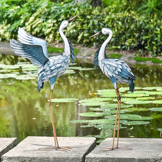 TERESA'S COLLECTIONS Garden Decor Blue Heron Yard Art,22.8-25" Large Metal Cranes Sculptures & Statues Decoy for Outdoor Indoor Decorations, Outside Patio, Pool, Lawn, Set of 2, Spring,Gift for Mom