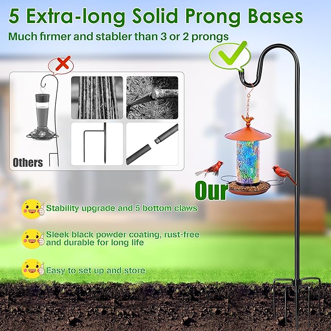 XDW-GIFTS Bird Feeder Pole for Outdoor, 76 Inch Shepherds Hooks Heavy Duty Garden Pole for Hanging Plant Basket, Solar Light Lanterns, Garden Plant Hanger Stands with 5 Base Prongs