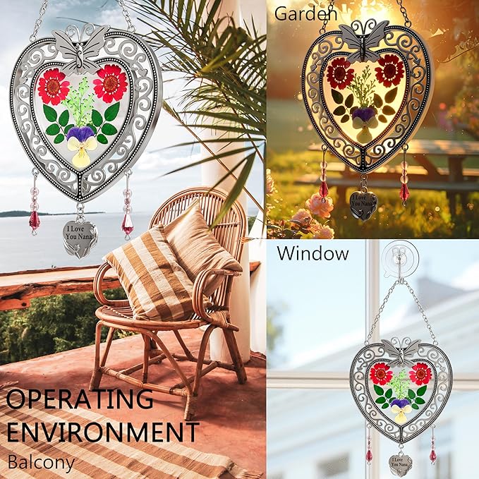 KY&BOSAM Heart Suncatchers I Love You Nana Tree of Life Stained Glass Panels Hangings for Windows Wind Chime Home Garden Outside Decor with Pressed Real Flower Heart in Glass Birthday Gifts for Women
