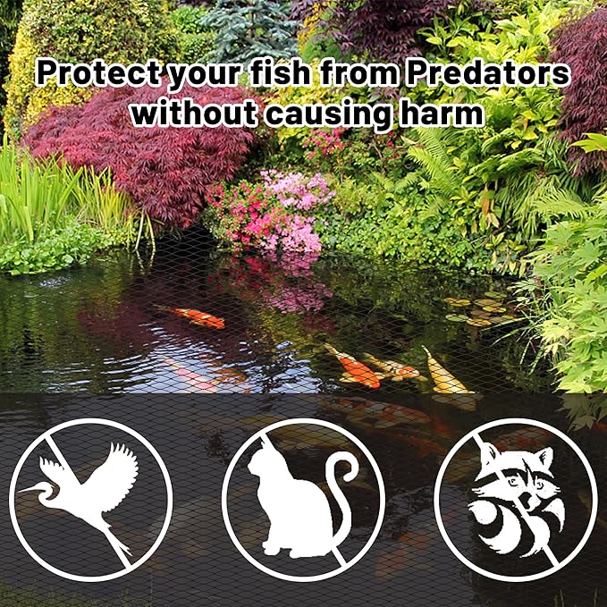Rainleaf Pond Netting, 7' x 10' Pond Net Cover, Koi Pond Netting for Leaves, Heavy Duty Koi Pond Net Protecting Koi Fish from Herons, Stakes Included