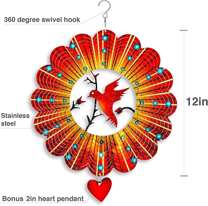 SteadyDoggie Wind Spinner - 12-Inch 3D Stainless Steel Lovebird Design with Heart Pendant - Laser Cut Metal Art Geometric Pattern - Hanging Kinetic Yard Garden Decor