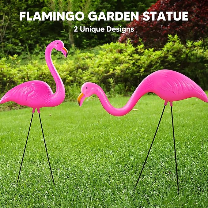 JOYIN Set of 6 Small Pink Flamingo Yard Ornament Stakes, Mini Lawn Plastic Flamingo Statue with Metal Legs for Sidewalks, Outdoor Garden, Luau Party, Tropical Party Decor, 2 Styles