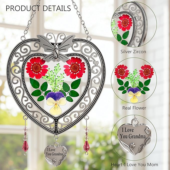 KY&BOSAM Tree of Life Heart Suncatcher I Love You Grandma Butterfly Hangings for Windows Suncatcher with Pressed Real Flower Heart and Charm Birthday Gifts for Women Mothers Day Christmas Ornament