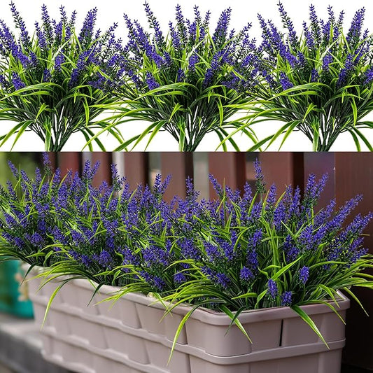 Artificial Flowers for Outdoor Plants 24 Bundles Fake Lavender Plastic Faux Monkey Grass for Verandah Window Garden Office Patio Front Porch UV Resistant for Planter(Purple)