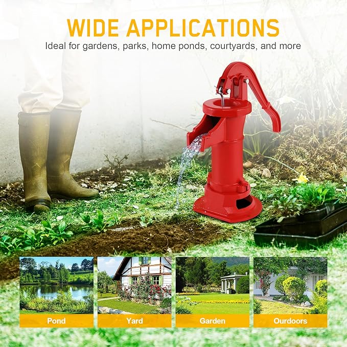 Samger Antique Pitcher Hand Water Pump Cast Iron Red Hand Well Pump 25ft Maximum lift Manual Water Transfer Pump Boost Fountain for Outdoor, Yard, Pond, Garden Decoration Kit