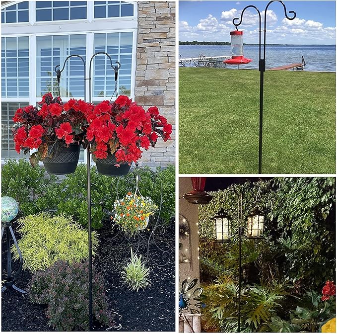 XDW-GIFTS Double Shepherds Hooks for Outdoor, 2-Pack Heavy Duty Garden Pole for Hanging Bird Feeder, Plant Baskets, Solar Light Lanterns, Garden Plant Hanger Stands with 5 Base Prongs