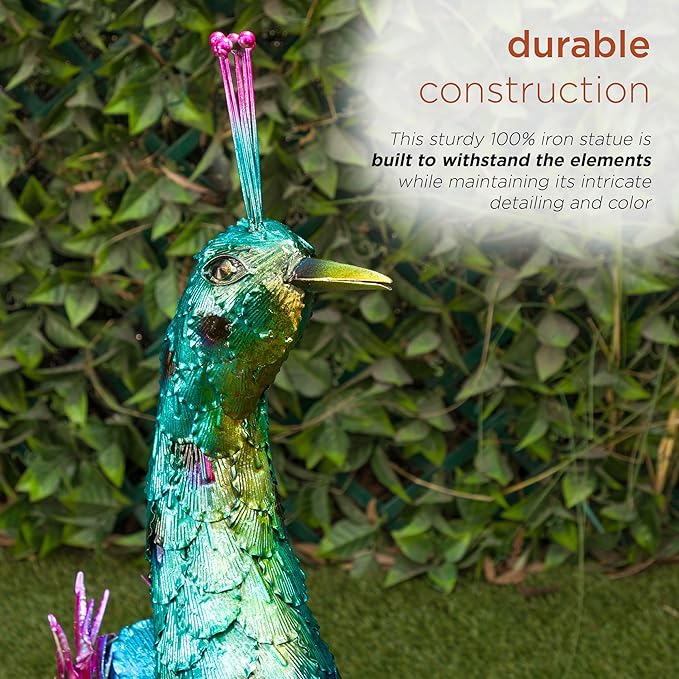 Alpine Corporation HEH376 Jumbo Sized Iron Majestic Peacock Decor, Elegant Garden & Patio Bird Statue, 55" H, Green