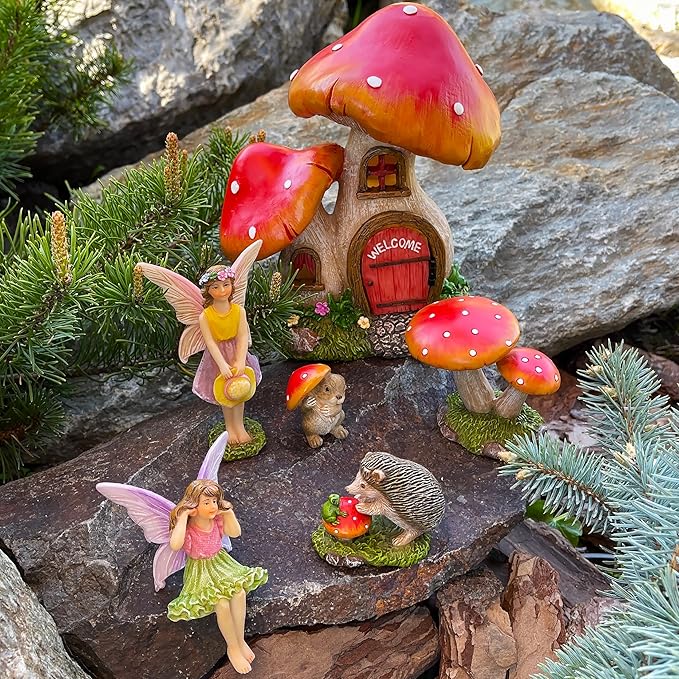 Mood Lab Fairy Garden - Mushroom House Set of 6 pcs - Miniature Figurines & Accessories Kit - for Outdoor or House Decor