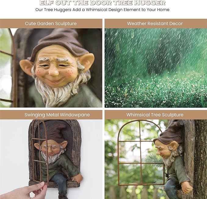 Bits and Pieces - 12-inch Elf Out The Door Tree Hugger - Yard Decorations - Whimsical Tree Sculpture - Garden Decoration - Garden Peeker Yard Art