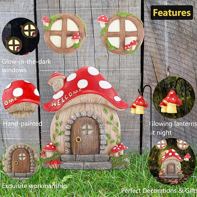 Miniature Fairy Garden Accessories Christmas Decorations Mushroom Fairy Door and Windows for Trees, Glow in The Dark Yard Garden Sculpture Lawn Ornament Outdoor Decor Accessories with Fairy Lantern
