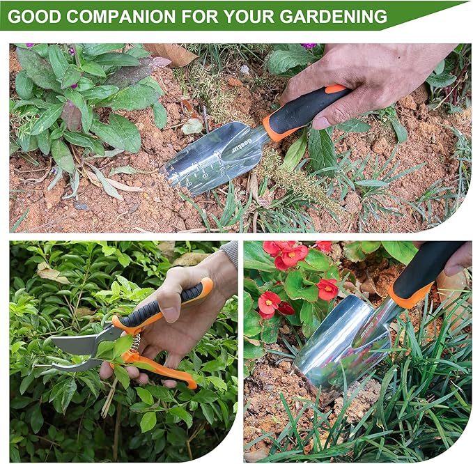 Garden Tool Set, 3PCS Sturdy Gardening Hand Tools Kit - Trowel/Shovel, Transplanter, Sharp Bypass Pruning Shears/Scissors/Clippers - Comfortable Handle - Ideal Gifts for Men & Women