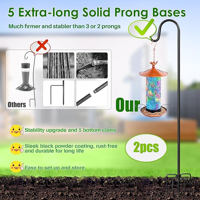 XDW-GIFTS Bird Feeder Pole for Outdoor, 60 Inch Shepherds Hooks Heavy Duty Garden Pole for Hanging Plant Basket, Solar Light Lanterns, Garden Plant Hanger Stands with 5 Base Prongs