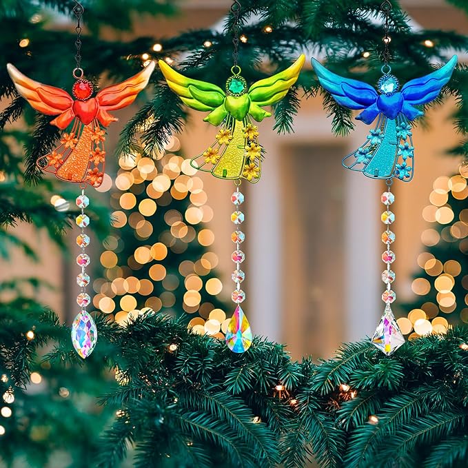 Set of 3 Guardian Angel Suncatchers, Crystal Angel Sun Catcher for Windows Hanging, Stained Glass Angel Ornament for Outdoor Christmas Decor