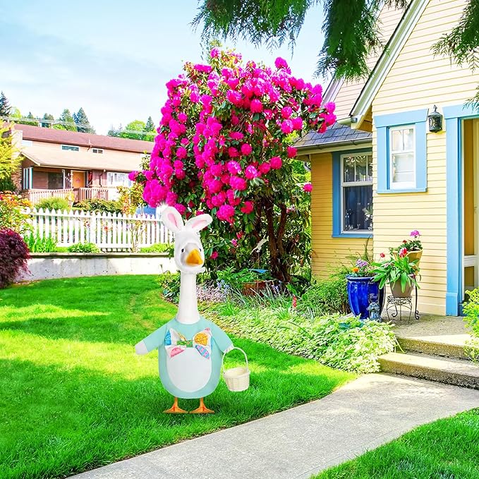Spring Easter Egg Goose Outfit Lawn Porch Goose Clothes with Basket Goose Outfit for 23" Goose Spring Easter's Day Outdoor Patio Yard Lawn Art Decoration