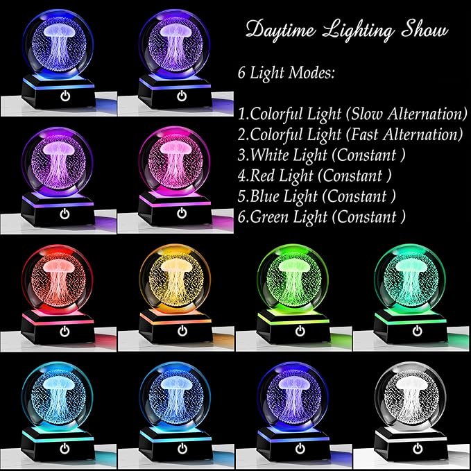 Qianwei Jellyfish Lamp for Women 3D Crystal Ball 3.14'' - 80mm Laser Jellyfish Decor Glass Animals Jellyfish Night Light Gifts Figurines Statue for Room Decorations Jellyfish Stuff