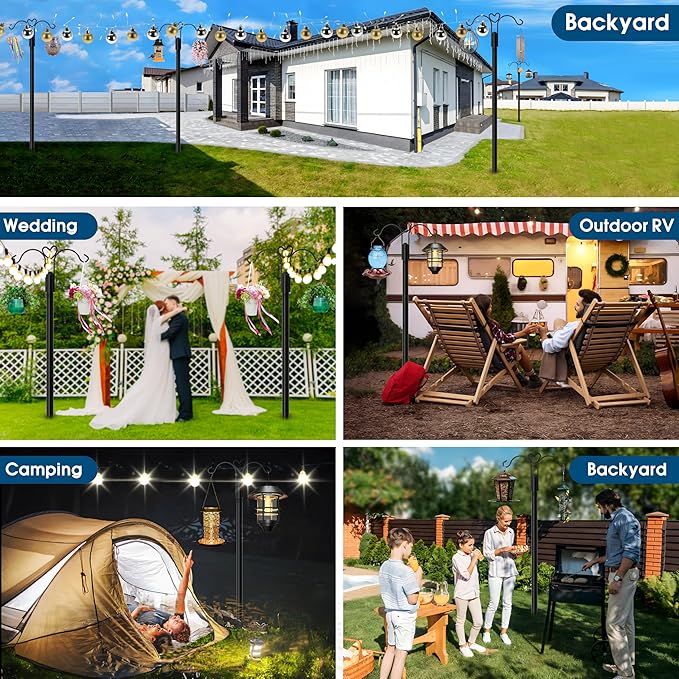 Ottsuls Bird Feeder Pole, 2 Pack 92 INCH Double Shepherds Hooks for Outdoor, with 5 Base Prongs Heavy Duty Tall Garden Planter Hooks for Hanging Flower Basket, Lantern, Hummingbird Feeder