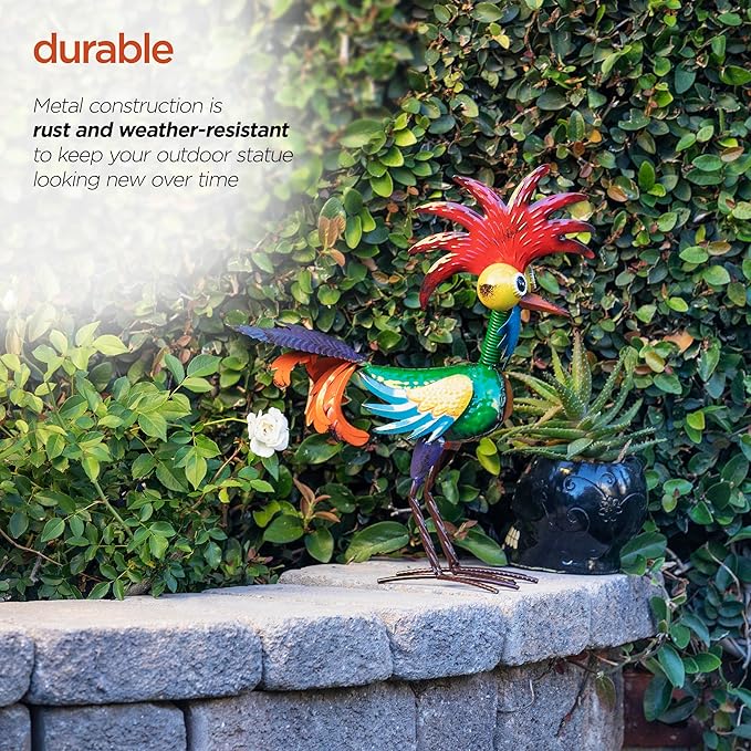 Alpine Corporation - 18" Tall Wacky Metal Rooster Yard Statue – Colorful Indoor/Outdoor Farm Animal Décor for Garden, Patio, Lawn, or Porch