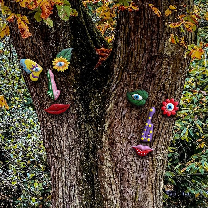 Tree Faces Decor Outdoor,Funny Tree Faces Sculpture,Colorful Fence Decorations Outdoor,Suitable for Yard and Garden Art Decor(Colorful Leaves&Colorful Butterfly)