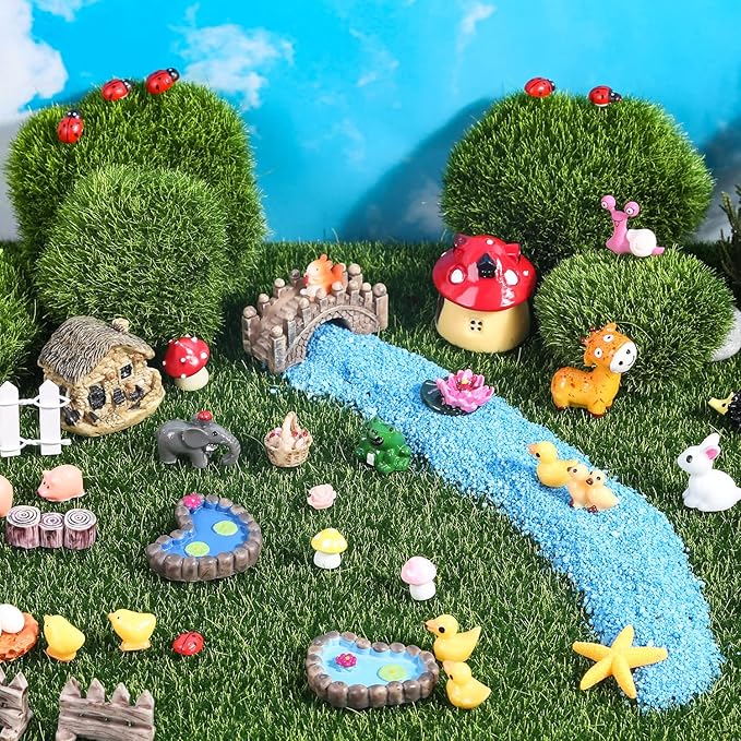 Modacraft 200Pcs Miniature Fairy Garden Accessories Including 100Pcs Fixed Pins, Fairy Garden Kit Fairy House Animal Figurines Mini Landscape for Garden Dollhouse Potted Plant Bonsai Terrarium Décor