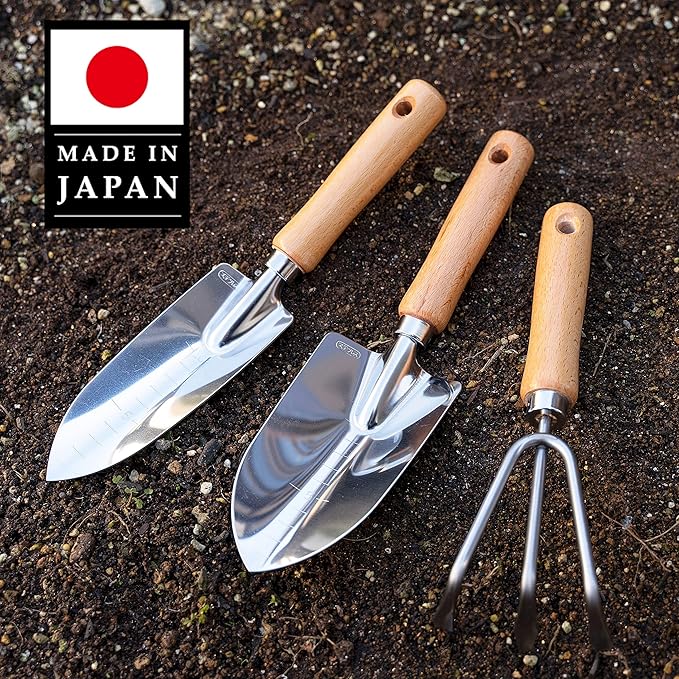 Japanese Garden Tool Set 3 Pcs, Heavy Duty Japanese Stainless Steel, Made in Japan (Large Trowel, Transplant Trowel, Hand Cultivator), Wood Handle