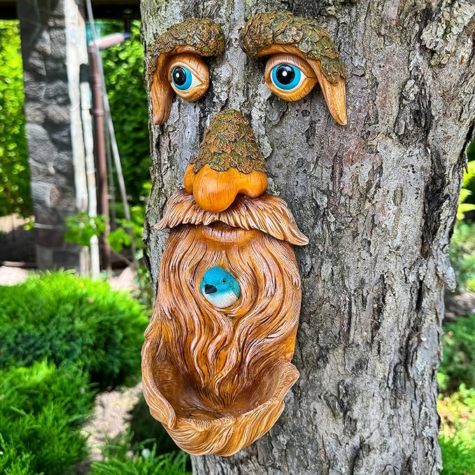Mood Lab Tree Faces Decor Outdoor - Old Man Bird Feeder - Tree Hugger Garden Decoration - Yard Art Statues