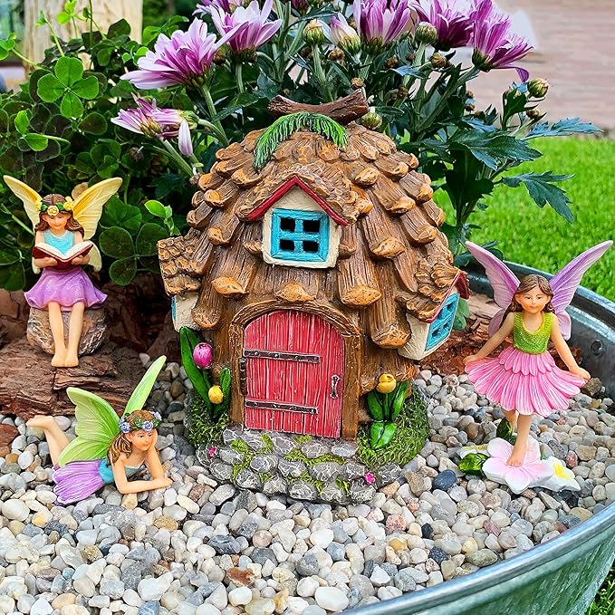 Mood Lab Fairy Garden - Pinecone Fairy House Kit of 4 pcs - Miniature Figurines & Accessories Set - Outdoor or House Decor