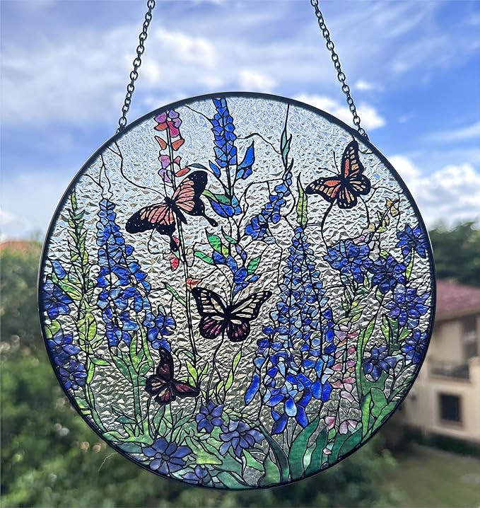 7.8'' Lavender Monarch Butterfly Suncatcher Stained Glass - Monarch Lavender Originally Designed Butterfly Suncatchers for Sun Catchers Indoor Window | Beautiful Gifts for Butterfly Lovers