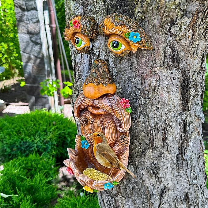 Mood Lab Tree Face Decor - Outdoor Tree Bird Feeder - Old Man Tree Face Decoration - Tree Garden Hugger - Yard Art Statues